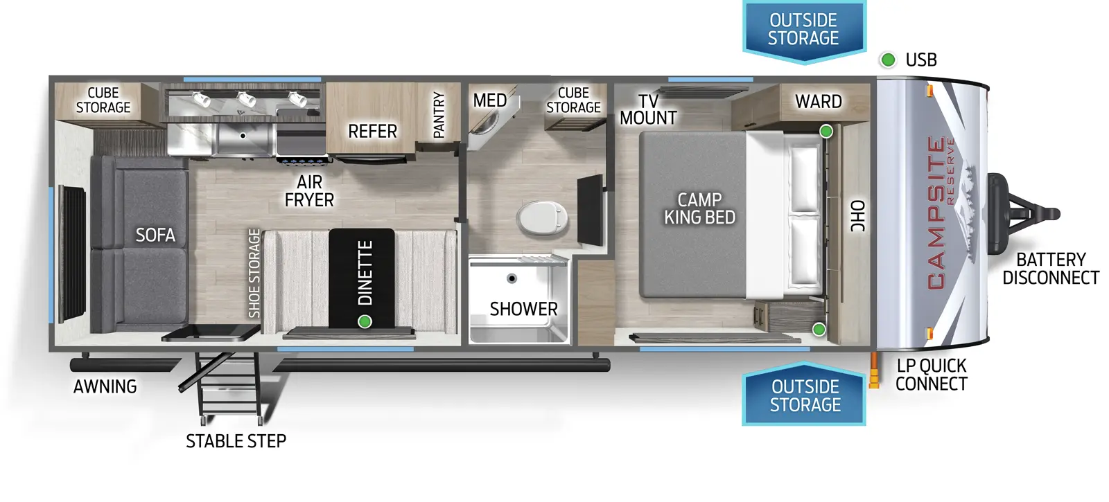 The Campsite Reserve 23SF floorplan has one entry and zero slide outs. Exterior features include: metal exterior. Interiors features include: front bedroom, rear living and pass through bathroom.